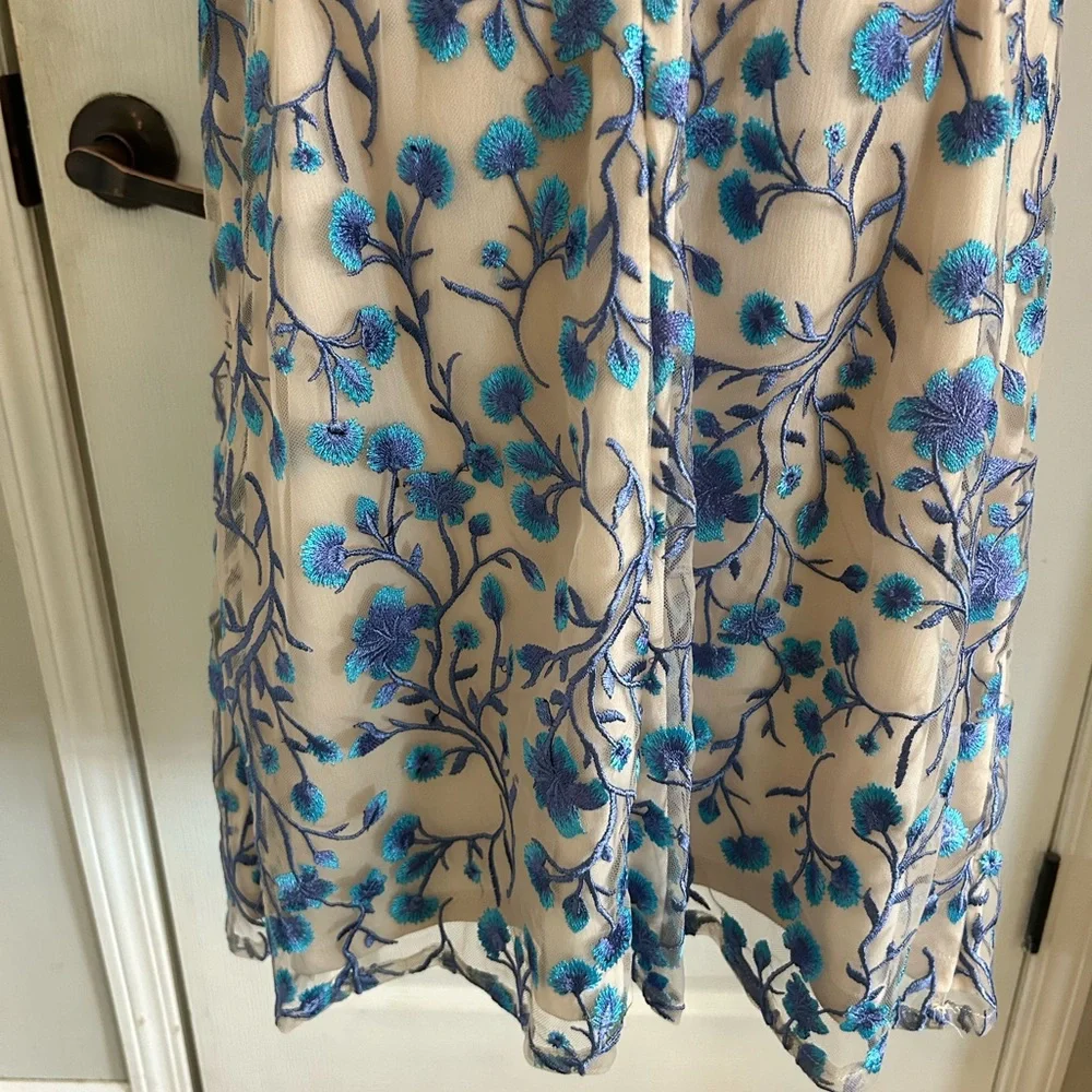 Adrianna Papell Floral Sheath Dress Cream Blue Nude Cap Sleeve Size 14 - Picture 8 of 14